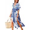 CUPSHE Women Boho Maxi Summer Dress Plunging V Half Dolman Sleeve Empired Waist Side Slit Sundress Holiday Beach Dresses(Blue White)