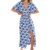 CUPSHE Women Boho Maxi Summer Dress Plunging V Half Dolman Sleeve Empired Waist Side Slit Sundress Holiday Beach Dresses(Navy Blue)