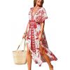 CUPSHE Women Boho Maxi Summer Dress Plunging V Half Dolman Sleeve Empired Waist Side Slit Sundress Holiday Beach Dresses(Red White)