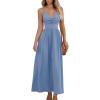 CUPSHE Women Casual Dress Beach Sleeveless V Neck Summer Cutout Spaghetti Straps Formal Maxi Sun Dresses(Blue)