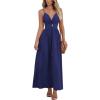 CUPSHE Women Casual Dress Beach Sleeveless V Neck Summer Cutout Spaghetti Straps Formal Maxi Sun Dresses(Navy Blue)