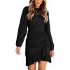 CUPSHE Women Knit Ruched Fall Dress Smocked Ruffle Hem Crew Neck Long Sleeve Bodycon Sexy Casual Holiday Mini Dress(Black)