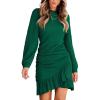 CUPSHE Women Knit Ruched Fall Dress Smocked Ruffle Hem Crew Neck Long Sleeve Bodycon Sexy Casual Holiday Mini Dress(Green)