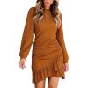 CUPSHE Women Knit Ruched Fall Dress Smocked Ruffle Hem Crew Neck Long Sleeve Bodycon Sexy Casual Holiday Mini Dress(Orange)