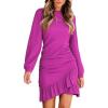 CUPSHE Women Knit Ruched Fall Dress Smocked Ruffle Hem Crew Neck Long Sleeve Bodycon Sexy Casual Holiday Mini Dress(Rose Pink)