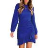 CUPSHE Women Knit Ruched Fall Dress Smocked Ruffle Hem Crew Neck Long Sleeve Bodycon Sexy Casual Holiday Mini Dress(Royal Blue)