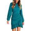 CUPSHE Women Knit Ruched Fall Dress Smocked Ruffle Hem Crew Neck Long Sleeve Bodycon Sexy Casual Holiday Mini Dress(Teal)