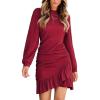 CUPSHE Women Knit Ruched Fall Dress Smocked Ruffle Hem Crew Neck Long Sleeve Bodycon Sexy Casual Holiday Mini Dress(Wine Red)