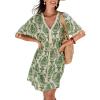 CUPSHE Women Tassel Trim Summer Dress V Neck Lace Short Sleeve Paisley Boho Casual Sundress Holiday Beach Mini Dress(Green)