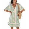 CUPSHE Women Tassel Trim Summer Dress V Neck Lace Short Sleeve Paisley Boho Casual Sundress Holiday Beach Mini Dress(Light Green Geometric)