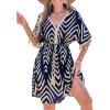 CUPSHE Women Tassel Trim Summer Dress V Neck Lace Short Sleeve Paisley Boho Casual Sundress Holiday Beach Mini Dress(Navy Blue Chevron)