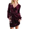 CUPSHE Women Velvet Cocktail Party Dresses Twist Knot V Neck Long Sleeve A Line Holiday Mini Dress(Wine Red)