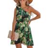 CUPSHE Women’s One Shoulder Leaf Print Self-tie Short Dress Sleeveless Tiered Hem Formal Dress Casual Mini Dress(Dark Green)