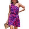 CUPSHE Women’s One Shoulder Leaf Print Self-tie Short Dress Sleeveless Tiered Hem Formal Dress Casual Mini Dress(Red Printed)