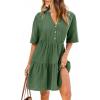 CUPSHE Women’s Short Sleeve Mini Dress V Neck Button Flowy A Line Dress Cotton Summer Beach Business Casual Dress(Green)