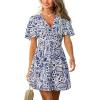 CUPSHE Women’s Summer Dresses Abstract Plunging V Neck Short Sleeve Elastic Waist Mini Dress(Sky Blue)