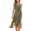 CUPSHE Women’s Summer Dresses Ruffled Sleeveless Spaghetti Straps Beach Midi Chiffon Bridesmaid Wedding Guest Dress(Olive Green)