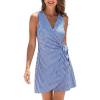 CUPSHE Women’s Summer Dresses Striped V Neck Tie Waist Sleeveless Casual Wrap Beach Vacation Mini Dress(Striped Blue)