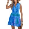 CUPSHE Womens Summer Dresses Tie Neck Sleeveless Tiered Ruffle A-Line Tunic Mini Dress(Blue Patterned)