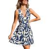 CUPSHE Women’s Summer Mini Dress V Neck Sleeveless High Waist Abstract A Line Smocked Sundress Beach Vacation Short Dresses(Navy Abstract)