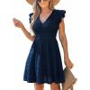 CUPSHE Women’s Summer Sleeveless Smocked Mini Dress Casual V Neck Ruffle Flowy A Line Short Dress(Navy Blue)