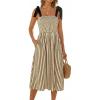CUPSHE Womens Summer Smocked Midi Dress Striped Sleeveless Tie Shoulder Cami Dress Beach Flowy Long Sundress(Beige Brown)