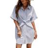 CUPSHE Women’s Summer Striped Mini Dress Short Sleeve Button Down Collar Shirt Dress Twist Front Linen Dress(Blue White)