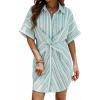 CUPSHE Women’s Summer Striped Mini Dress Short Sleeve Button Down Collar Shirt Dress Twist Front Linen Dress(Green White)