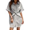 CUPSHE Women’s Summer Striped Mini Dress Short Sleeve Button Down Collar Shirt Dress Twist Front Linen Dress(Grey White)