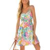 CUPSHE Women’s Tropical Floral Mini Sundress Spaghetti Strap V Neck Flowy Smocked Dress Boho Summer Beach Dress(Green Pink)
