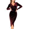 CUPSHE Womens Velvet Midi Dresses Long Sleeve V Neck Ruched Bodycon Fall Outfit Cocktail Holiday Party Dress(Burgundy)
