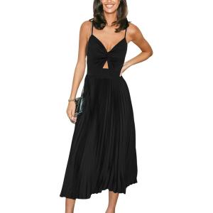 CUPSHE Midi Dress for Women 2025 Party Spaghetti Straps Sleeveless Pleated Cutout Formal Dress(Black)