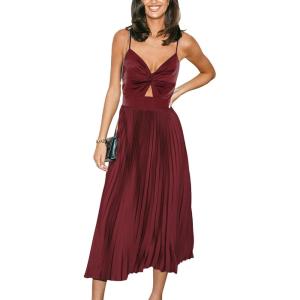 CUPSHE Midi Dress for Women 2025 Party Spaghetti Straps Sleeveless Pleated Cutout Formal Dress(Burgundy)