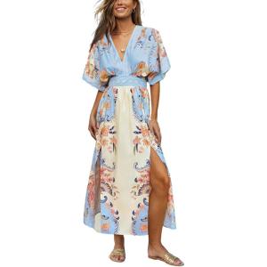 CUPSHE Women Boho Maxi Summer Dress Plunging V Half Dolman Sleeve Empired Waist Side Slit Sundress Holiday Beach Dresses(Blue Floral)