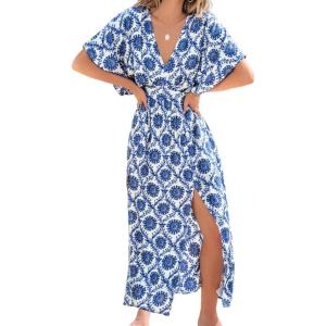 CUPSHE Women Boho Maxi Summer Dress Plunging V Half Dolman Sleeve Empired Waist Side Slit Sundress Holiday Beach Dresses(Navy Blue)