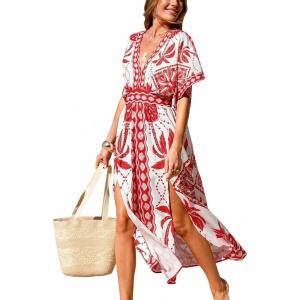 CUPSHE Women Boho Maxi Summer Dress Plunging V Half Dolman Sleeve Empired Waist Side Slit Sundress Holiday Beach Dresses(Red White)