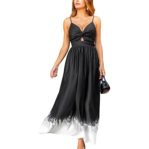 CUPSHE Women Casual Dress Beach Sleeveless V Neck Summer Cutout Spaghetti Straps Formal Maxi Sun Dresses(B-black)