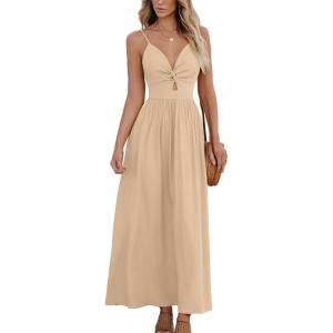 CUPSHE Women Casual Dress Beach Sleeveless V Neck Summer Cutout Spaghetti Straps Formal Maxi Sun Dresses(Beige)