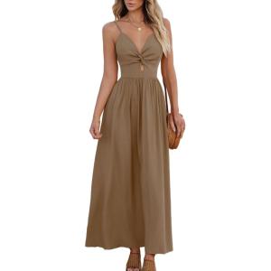 CUPSHE Women Casual Dress Beach Sleeveless V Neck Summer Cutout Spaghetti Straps Formal Maxi Sun Dresses(Coffee)