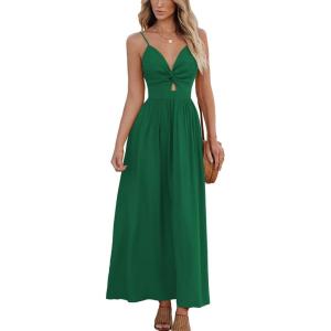 CUPSHE Women Casual Dress Beach Sleeveless V Neck Summer Cutout Spaghetti Straps Formal Maxi Sun Dresses(Dark Green)