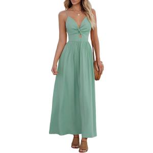 CUPSHE Women Casual Dress Beach Sleeveless V Neck Summer Cutout Spaghetti Straps Formal Maxi Sun Dresses(Mint)
