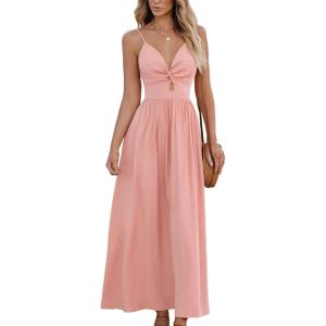 CUPSHE Women Casual Dress Beach Sleeveless V Neck Summer Cutout Spaghetti Straps Formal Maxi Sun Dresses(Pink)
