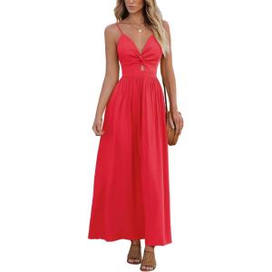 CUPSHE Women Casual Dress Beach Sleeveless V Neck Summer Cutout Spaghetti Straps Formal Maxi Sun Dresses(Red)