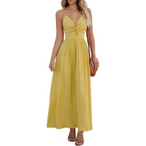 CUPSHE Women Casual Dress Beach Sleeveless V Neck Summer Cutout Spaghetti Straps Formal Maxi Sun Dresses(Yellow)