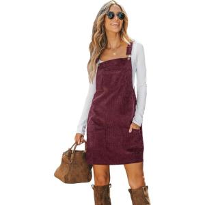 CUPSHE Women Corduroy Fall Dresses Front Bib Pocket Square Neck Wide Strap Casual Overall Mini Dress(Wine Red)