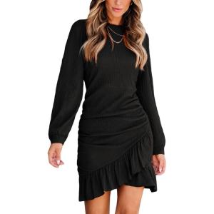 CUPSHE Women Knit Ruched Fall Dress Smocked Ruffle Hem Crew Neck Long Sleeve Bodycon Sexy Casual Holiday Mini Dress(Black)
