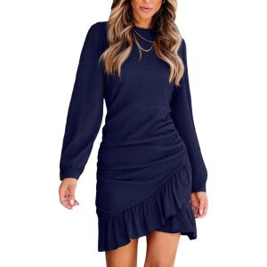 CUPSHE Women Knit Ruched Fall Dress Smocked Ruffle Hem Crew Neck Long Sleeve Bodycon Sexy Casual Holiday Mini Dress(Navy Blue)