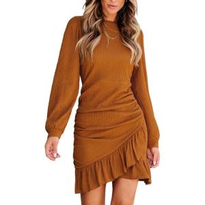 CUPSHE Women Knit Ruched Fall Dress Smocked Ruffle Hem Crew Neck Long Sleeve Bodycon Sexy Casual Holiday Mini Dress(Orange)