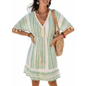 CUPSHE Women Tassel Trim Summer Dress V Neck Lace Short Sleeve Paisley Boho Casual Sundress Holiday Beach Mini Dress(Light Green Geometric)