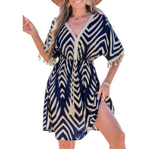 CUPSHE Women Tassel Trim Summer Dress V Neck Lace Short Sleeve Paisley Boho Casual Sundress Holiday Beach Mini Dress(Navy Blue Chevron)